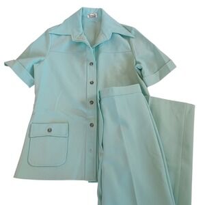 Lane Bryant Vtg Mint Green Short Sleeve 2 Piece Leisure Pants Suit No Size